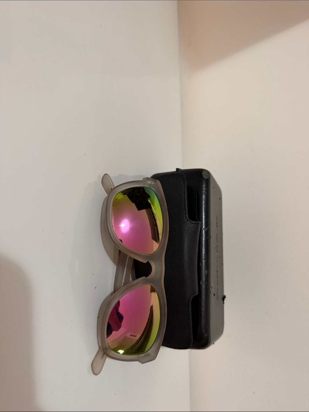 Westward Leaning Beige Frame Sunglasses with Pink-Green Mirrored Lenses